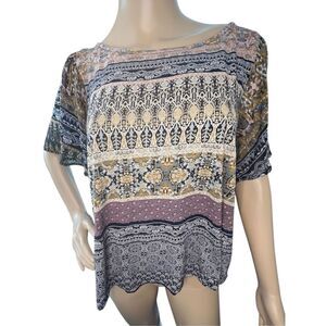 Lucky Brand Boho Mixed Pattern Striped Short Sleeve Loose Fit Blouse